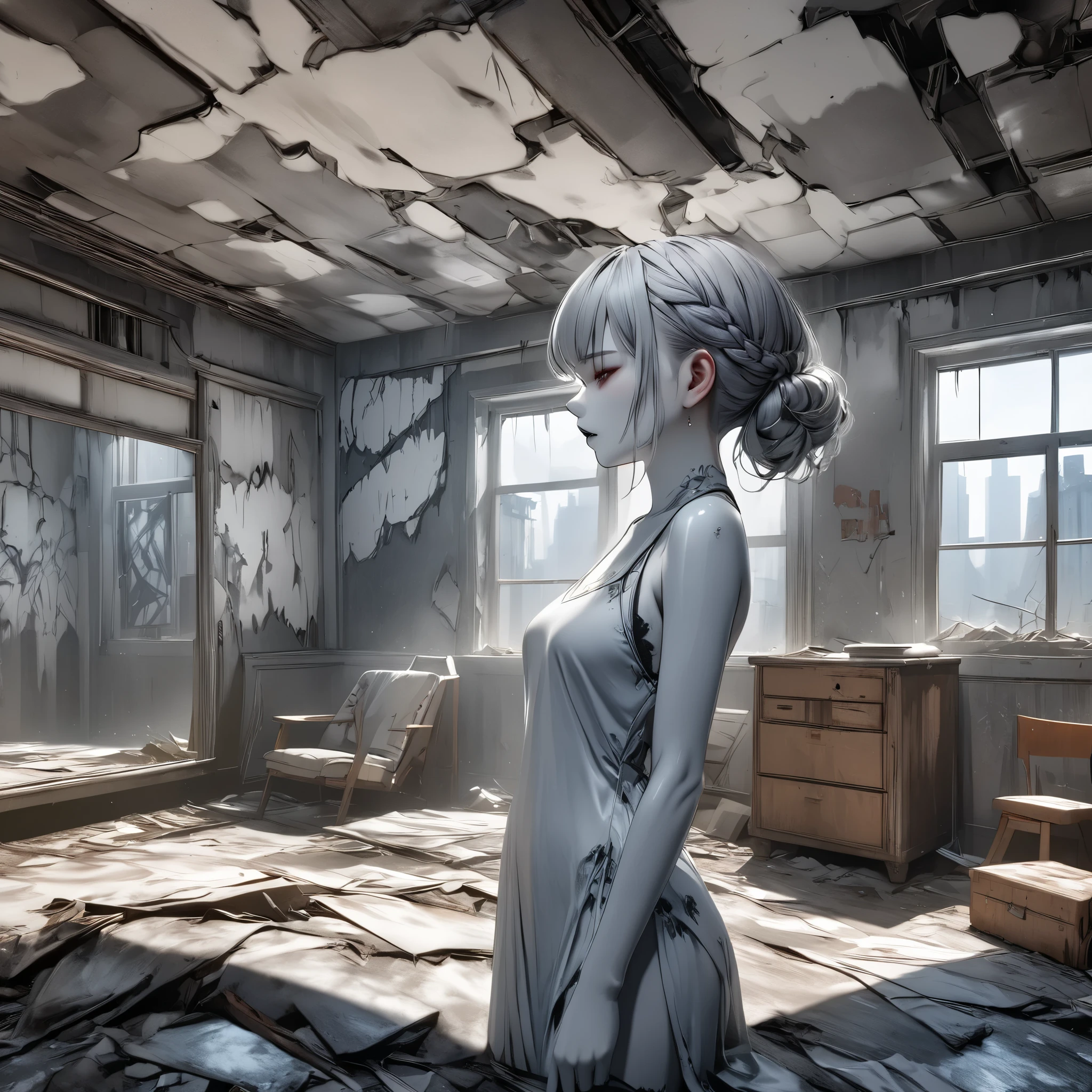 masterpiece, best quality, 8k, highres, ultra-detailed, HDR, UHD, 1girl,upper body,side view,Transparent white skin,drkgirl, derelict room