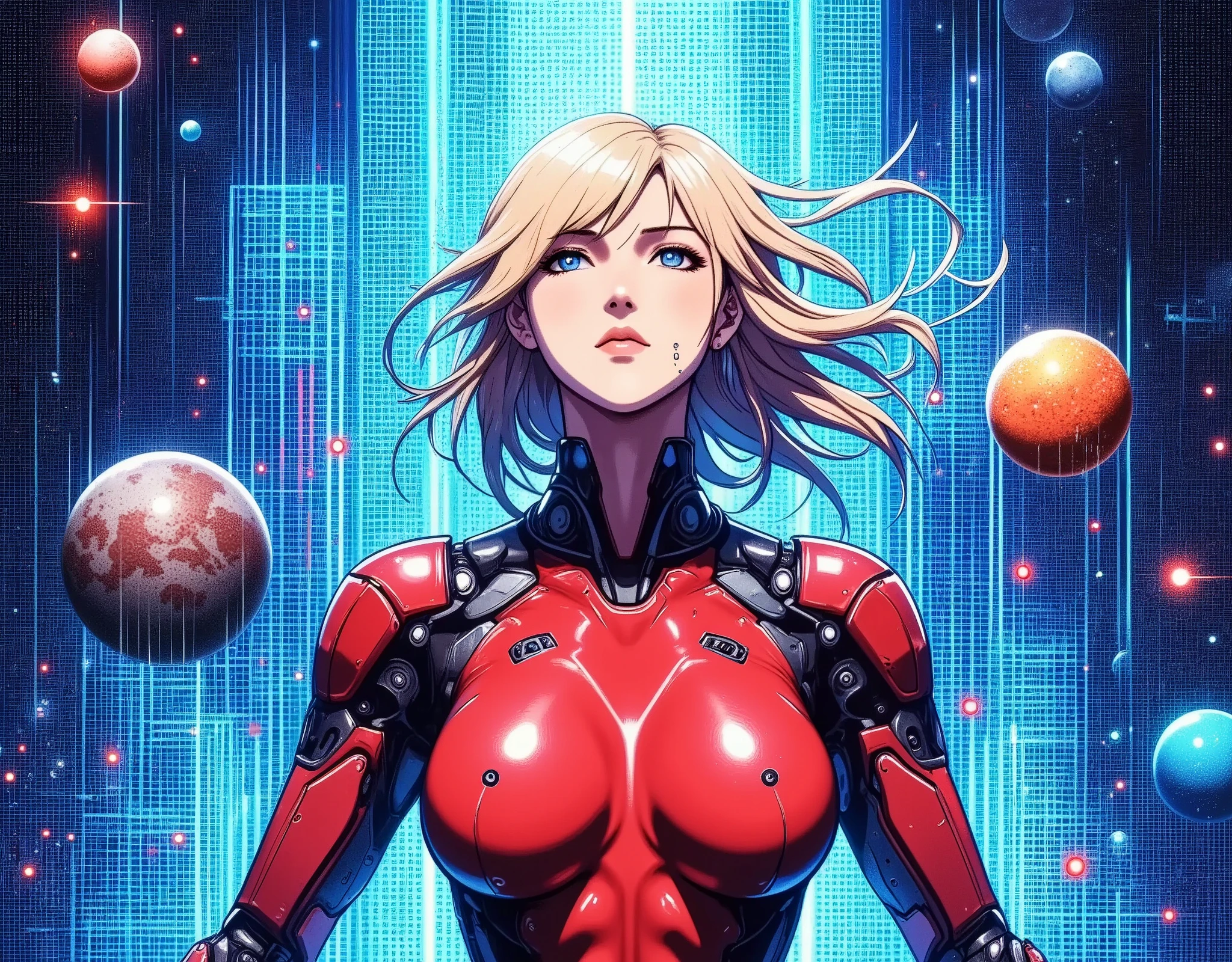 (masterpiece, best illustration,Super detailed),( android woman),(front:2.0),( beautiful face),( beautiful eyes),(Women jump dynamically:2.0),( face up :2.0),( hair that flutters like:2.0),( The background is a blue hologram with a large blue check pattern),(Neon colored planetary groups in the background:2.0),(The background and the woman overlap seamlessly :2.0),(Double Exposure:2.0)