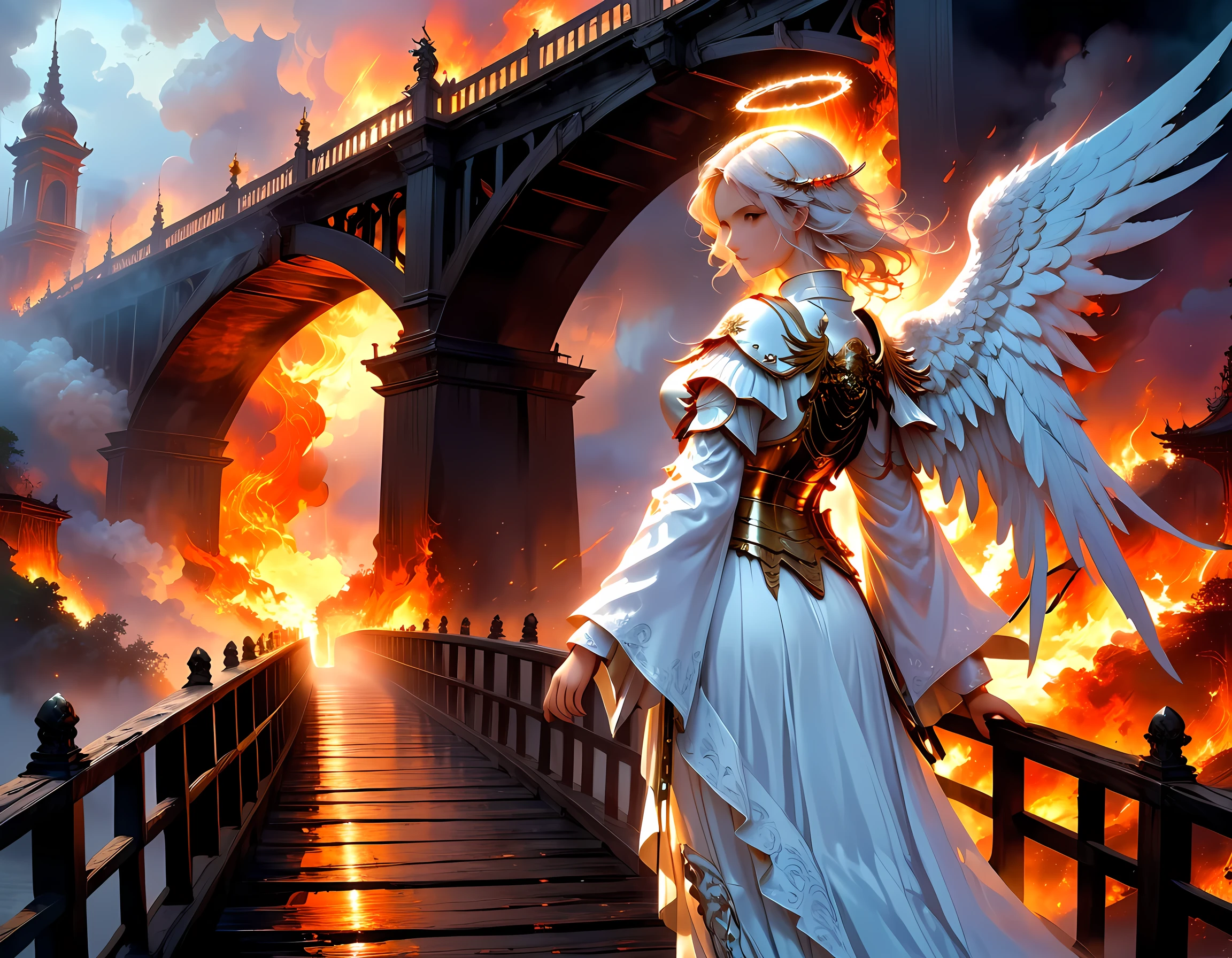 a picture ((a view from the side)), of wooden bridge between hell and heaven, from one side of the bridge inferno of hell and fire, from the other side of the bridge, celestial calm, heavenly clouds,  there is a river under the bridge, mist rising from the river, masking part of the bridge, a female angel stand guard,  best details, best quality, highres, 16k, (ultra detailed: 1.5), masterpiece, best quality, (extremely detailed) RAW, (ultra details, Masterpiece, best quality), 