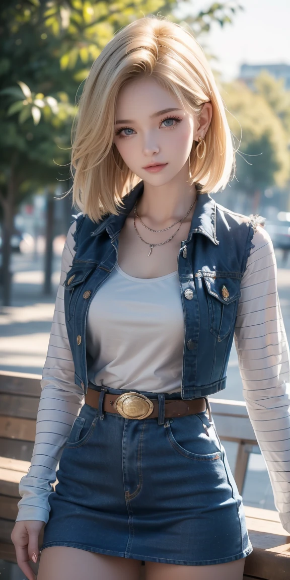 Android 18, Light Blonde hair, Medium hair shaggy cut for women, Blue Transparent eyes of Slavic Caucasians, She has sexy double eyelids above and below her eyes, The flash in the eyeballs is brilliant, She is not wearing any jewelry such as a necklace around her neck and is not wearing a bra,She only Wears round earrings, Tight Long sleeves with black stripes on a white background, Blue denim mini vest, Blue denim mini skirt, The denim mini skirt and denim mini vest set in the same blue color, The mini denim vest does not have a zipper, but the mini denim skirt does, and the denim vest has five silver buttons to fasten the garment, The denim skirt's zipper seam line and stitching run vertically straight to the bottom of the skirt, and the denim vest has no zipper, so it's clean, Open-chested denim vest, Large breasts, Women's Western Cowboy Belt, Brown see-through pantyhose, Western short boots, Looking at viewer, Her whole body is visible on the screen, She is standing in front of the bench Her entire body is visible on the screen, from her head to her boots, Slight smiling with closed lips standing next to bench , Blue sky, outside, park, grass, Summer, trees, blue sky, high quality, masterpiece,