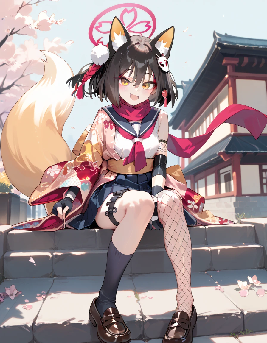 izuna \(blue archive\),yellow eyes, black hair, animal ears, halo,fox tail,school uniform, japanese clothes,scarf,serafuku,skirt,gloves,(fishnets:1.1),single black sock,loafers