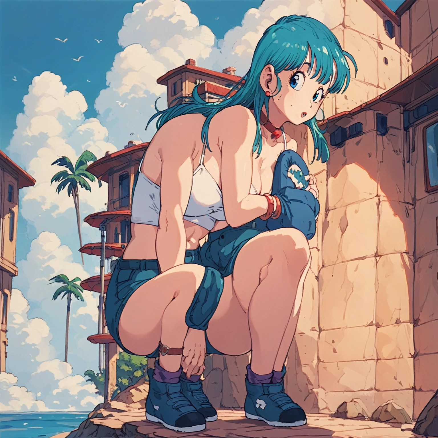 Bulma standing on a cliff in white bikinis with huge breasts and the sky in the background.