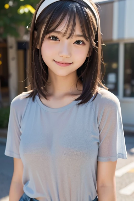 8K,masterpiece,Japanese,-yeld gifrom the front,smile,cute,Innocent face,Innocent,Kind eyes,Childish,(Plain T-shirt,Short sleeve,Shorts),semi-long,Hair blowing in the wind,Black Hair,Somewhat strong wind,noon,bright,Gravure idol pose, (Large Breasts:1.2),(Emphasize the chest:1.2)