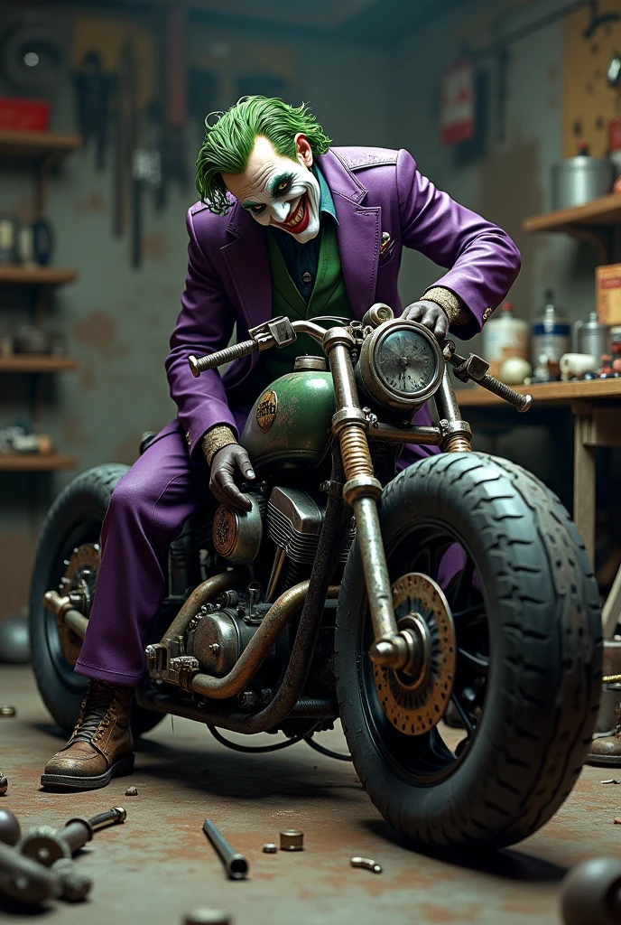 create a realistic image of a joker style quad bike, with the joker sitting on the quad bike, CREATE A SCENARIO