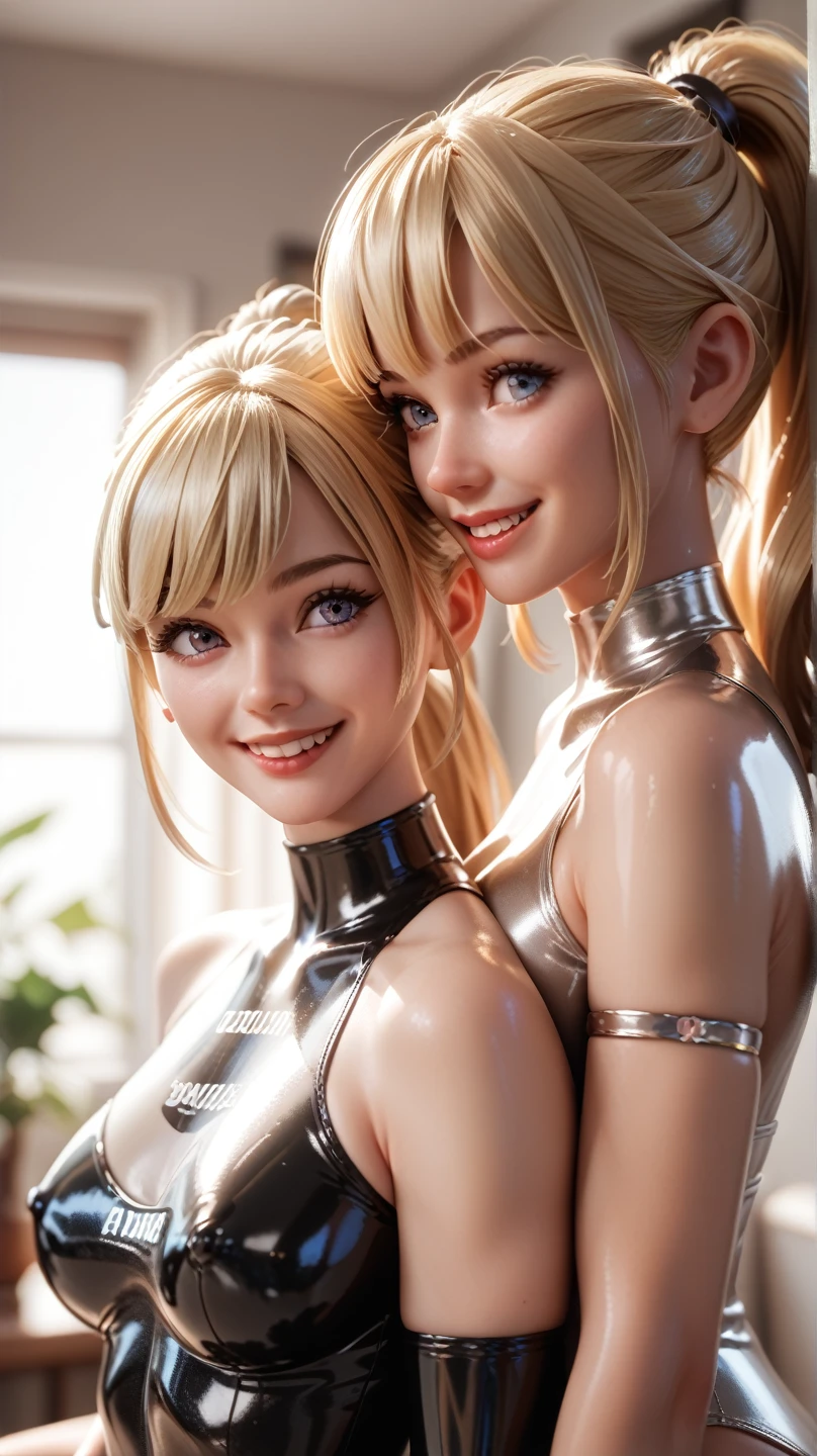 2 girls, In extremely tight shiny latex cowgirl, blonde hair,  ponytail , Bangs, smile, Lens reflection, Reflected light, Are at home and doing homework ,