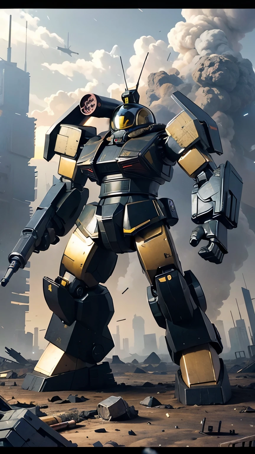 photo real, RAW photo of a giant black and gold painted robot with a gun in hand ,  firing a rocket from a rocket launcher attached to the shoulder, Desolate,  post-destruction global city , Cloudy, Severe landscape ,  debris is scattered 