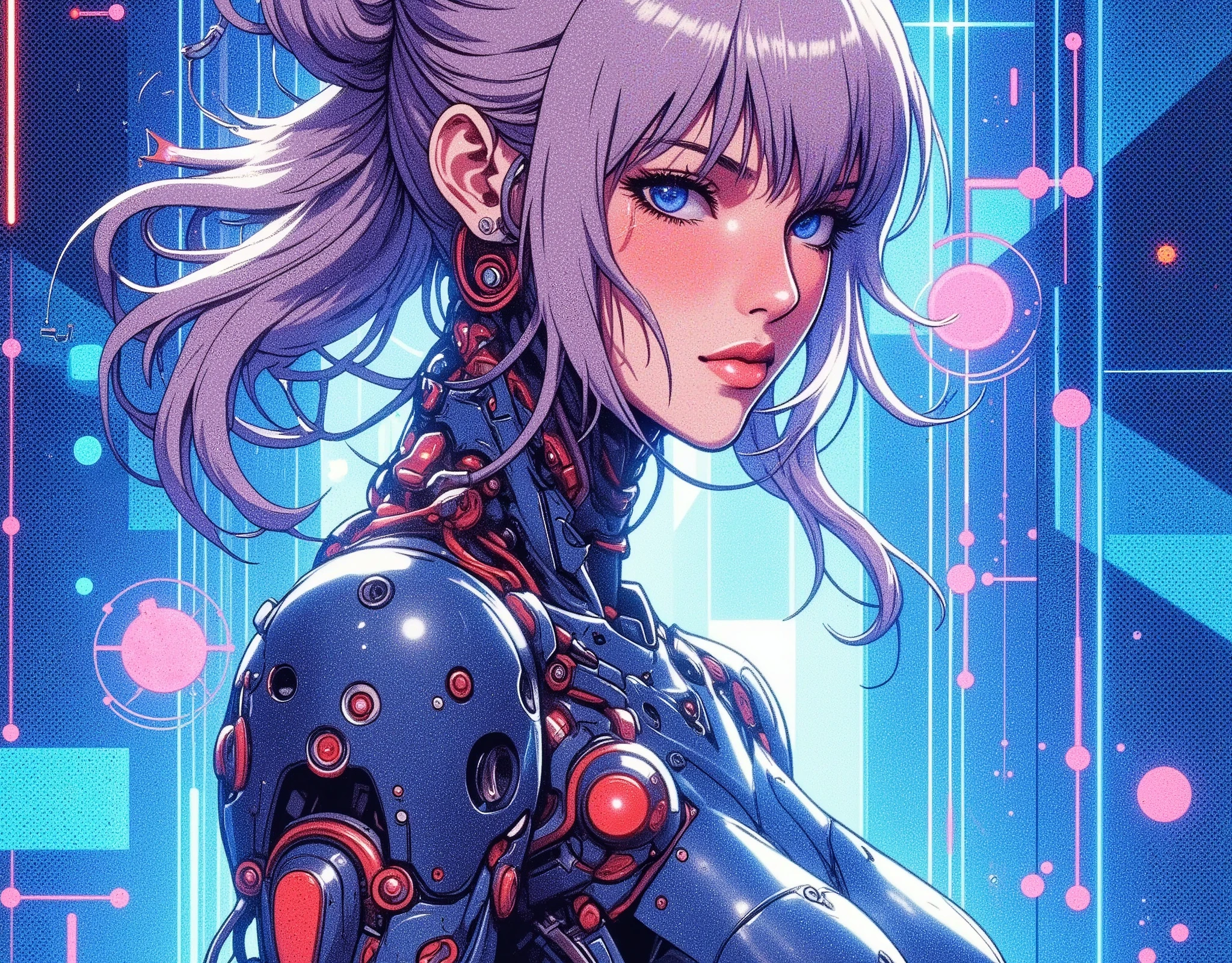 (masterpiece, best illustration,Super detailed),(translucent android woman),(front:2.0),( beautiful face),( beautiful eyes),(Women jump dynamically:2.0),( face up :2.0),( hair that flutters like:2.0),( The background is a blue hologram with a large blue check pattern),(Neon colored planetary groups in the background:2.0),(The background and the woman overlap seamlessly :2.0),(Double Exposure:2.0)