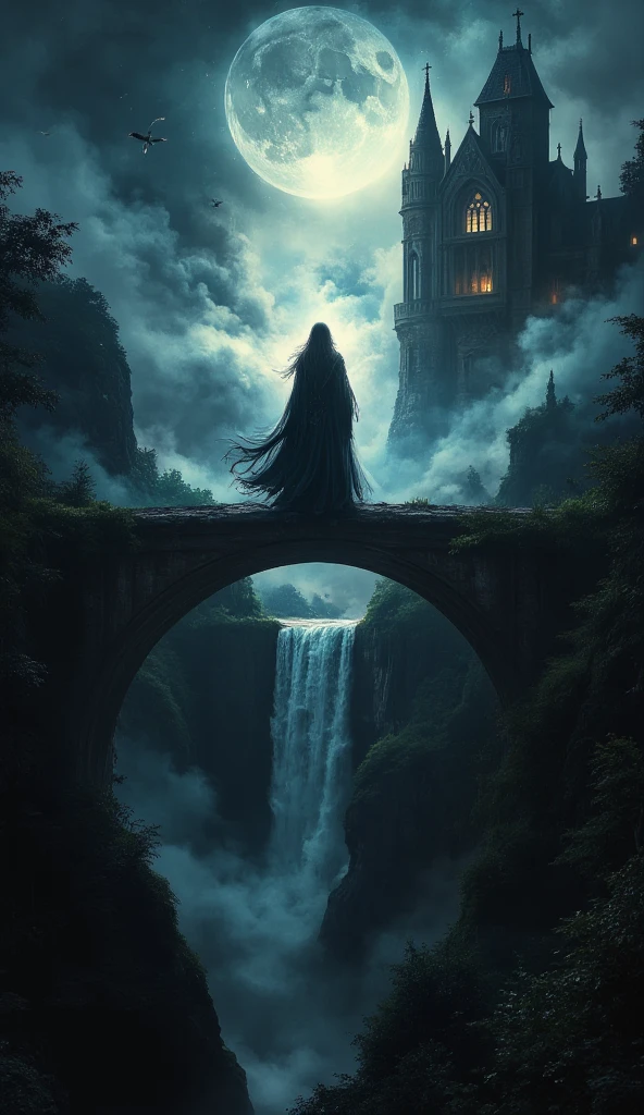 Panorami view, landscape, huge ancient bridge hiddrn in fog, a dark sorcerer standing on an huge ancient bridge, creating a magical fog that covers the bridge and the surrounding area, the bridge towering over a deep ravine, dark fantasy, horror, (best quality,4k,8k,highres,masterpiece:1.2),ultra-detailed,(realistic,photorealistic,photo-realistic:1.37),HDR,UHD,studio lighting,ultra-fine painting,sharp focus,physically-based rendering,extreme detail description,professional,vivid colors,bokeh,dark fantasy,dark art,occult,mystical,supernatural,fantasy landscape,cinematic lighting,dramatic shadows,moody atmosphere,ominous presence,powerful magic,swirling fog,gloomy ravine,crumbling bridge,gothic architecture,sorcerer robes,dramatic pose,intense expression,piercing eyes,detailed facial features, fantasy elemental, midjourneyv6.1