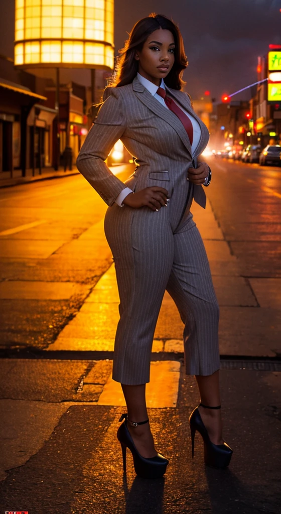 A sophisticated and stylish wowan in a grey pinstriped trouser suit, white shirt, and a large wide blue necktie with a really large windsor knot, with a beautiful, curvaceous figure, massive breasts, and long hair, with a curvaceous figure and massive breasts. wearing red rounded platform high heels with uncovered feet and standing, rampage-like pose, with a cityscape background of mega-city, urban sprawl, and small towns, partially obscured by a hazy, cloudy atmosphere. The image is a high-resolution, masterpiece-quality, cinematic, ultra-detailed, and hyper-photorealistic photograph, with perfect hands, face, and lighting. ultra-detailed, 8K, photo-realistic, hyper-realistic, masterpiece, intricate details, full body view. Looking at camera, The image is a high-resolution, masterpiece-quality, cinematic, ultra-detailed, and hyper-photorealistic photograph, with perfect hands, face, and lighting. ultra-detailed, 8K, photo-realistic, hyper-realistic, masterpiece, intricate details, full body view