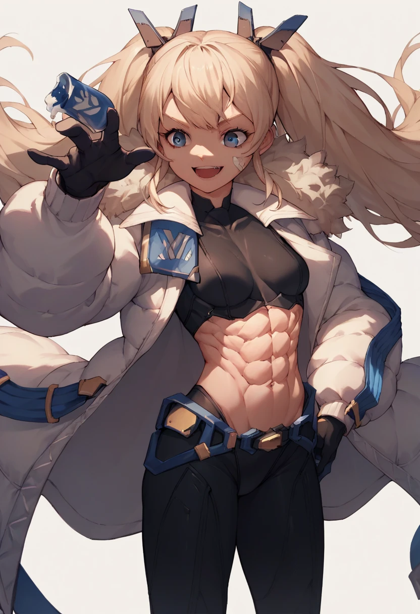  score_9,  score_8_up,  score_7_up, sauce_ anime BREAK 1GIRL, Laplace,  blond hair,  twin tails, Long Hair, Hair accessories,  blue eyes,  FACE ,  black bodysuit ,  small breasts, White jacket,  Fur Trim,  black gloves , Alone,  standing ,  VIEWING VIEWERS , smile,  open your mouth , abs