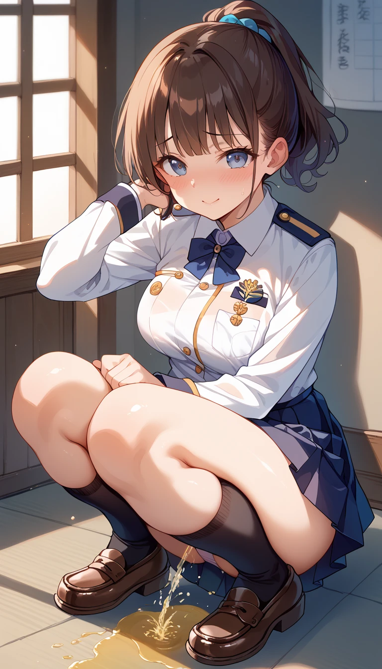 anime, ,medium breast,Beautiful Japanese girl、 (( Women&#39;s Uniform )),Please show me  ,vulgar appearance , has a very cute face showing her panties ,  Dark Blue Pleated Skirt  ,(  curvy body ),  sweated,  face focus  ,  oily skin  、Gal、  you can see the skirt and panties by flipping through the skirt、( is crouching on the floor and pees )、((Please pee))、(( Embarrassing expressions ))、  brown loafers、 best quality、