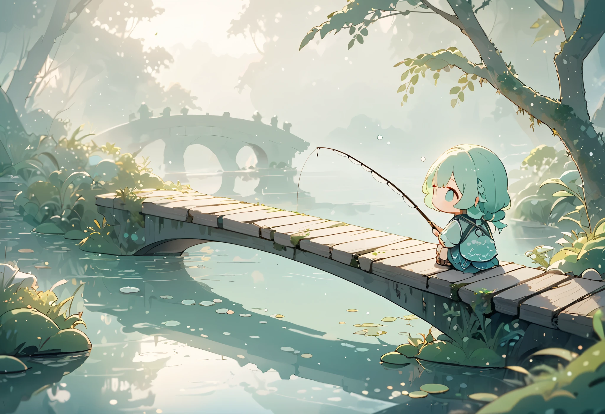 masterpiece, best quality, ultra-detailed, pastel tones, 
theme color green,chibi, masterpiece, best quality, 8k, highres, ultra-detailed, chibi, 1girl,girl close up, back view, long hair, pastel hair color, holding fishing rod, enjoying fishing,indian style, sitting, ancient bridge, moss covered, overgrown vines, sitting on bridge, dense fog, soft light, tranquil atmosphere, muted colors, serene landscape, ethereal ambiance, weathered materials, diffuse lighting, mystical environment, lake, fish poking head out of water, playful, cute, foggy effect covering the scene