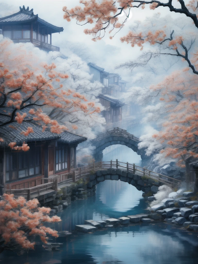 Niseko Town Village  「Ancient bridge in thick fog」更加濃厚 濃濃朦胧的雾气 廣角 古村落雪村美景 中式雪村風景 Niseko Town Village  古樹 「Ancient bridge in thick fog」  Old town village drawing an ancient wooden arch Exquisite artistic details of the view of the bridge in the hazy haze, the best quality，  Extremely complex exquisite detail The overall scene shows a strong creative and deep textural effect with hazy haze , creates an ethereal 、 The feeling of serenity creates a sense of serenity 、A work of fine art 