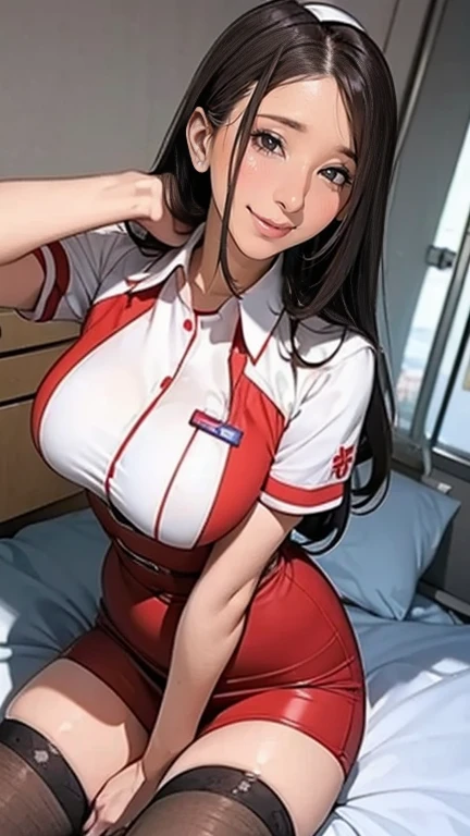 There is a nurse in a nurse uniform in the hospital  、 black stockings、Long Hair、 thin waist、 Big Breasts 、Smiling gently