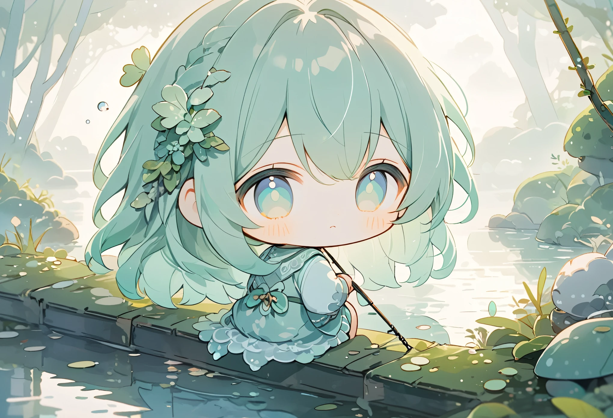 masterpiece, best quality, ultra-detailed, pastel tones, 
theme color green,chibi, masterpiece, best quality, 8k, highres, ultra-detailed, chibi, 1girl,girl close up, back view, long hair, pastel hair color, holding fishing rod, enjoying fishing,indian style, sitting, ancient bridge, moss covered, overgrown vines, sitting on bridge, dense fog, soft light, tranquil atmosphere, muted colors, serene landscape, ethereal ambiance, weathered materials, diffuse lighting, mystical environment, lake, fish poking head out of water, playful, cute, foggy effect covering the scene