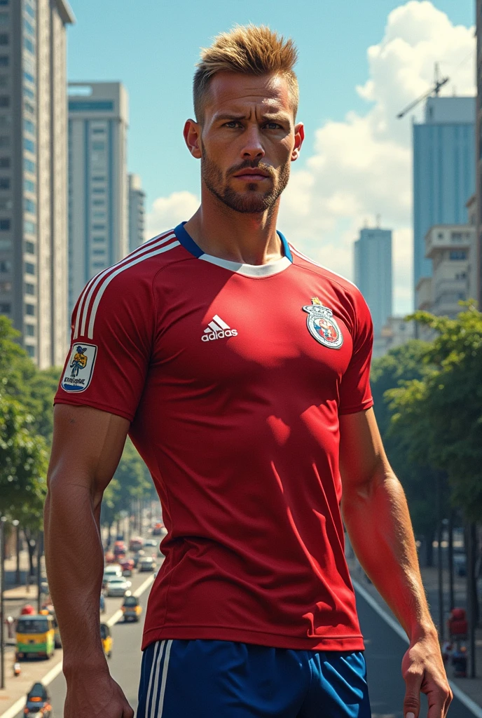 Brazilian gentleman, 25 years old, skin tanned,beautiful and elegant, wearing a flamengo uniform, masculine, photo by full body,(ultra details, photorrealistic, best quality, 4K, high resolution, Artwork:1.3), a mature man, charming and distinguished , (muscle building body), Accessories include a luxury wristwatch, muscle veins. Flamengo's jersey.