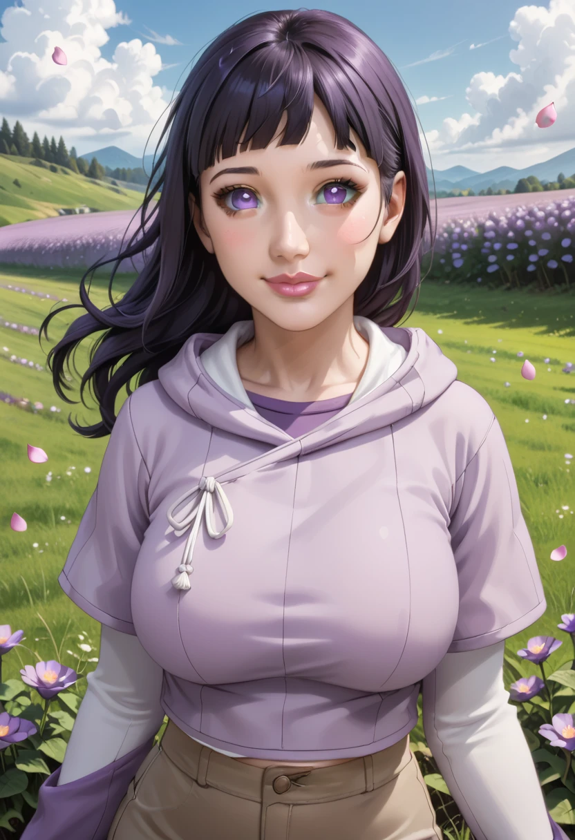 masterpiece, absurdres, hinata\(boruto\), 1girl, solo,mature female, purple hoodie,layered sleeves, brown pants,  outdoors,lavender flower field, looking at viewer, (falling petals), cloudy sky, perfect composition, detailed lips, big breast, beautiful face, body propotion, blush, (pink lips), long hair,  purple eyes,  soft gaze, sad smile,  super realistic, detailed, photoshoot, realistic face and body,  realistic hair, realistic eyes, realistic nose, realistic lips