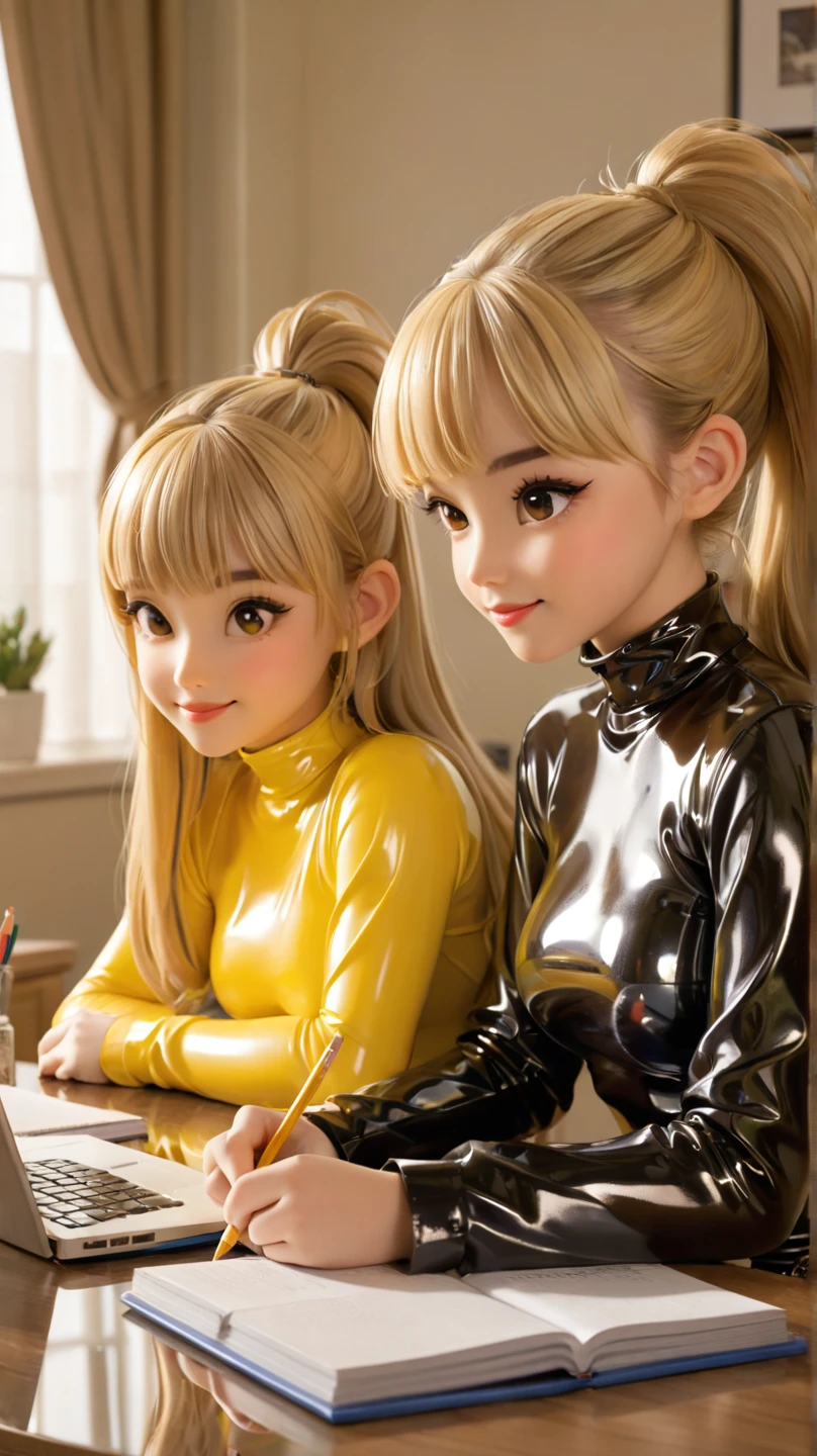 2 girls, In extremely tight shiny latex cowgirl, blonde hair,  ponytail , Bangs, smile, Lens reflection, Reflected light, Are at home and doing homework ,