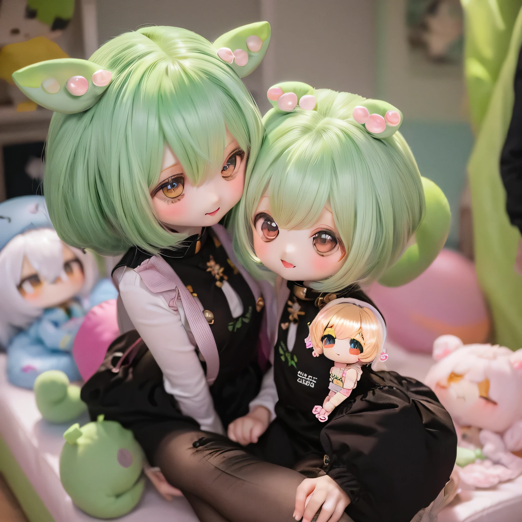   green-haired Zundaman in a cute pose(((((Chibi)))))play、(((Mother and Daughter)))