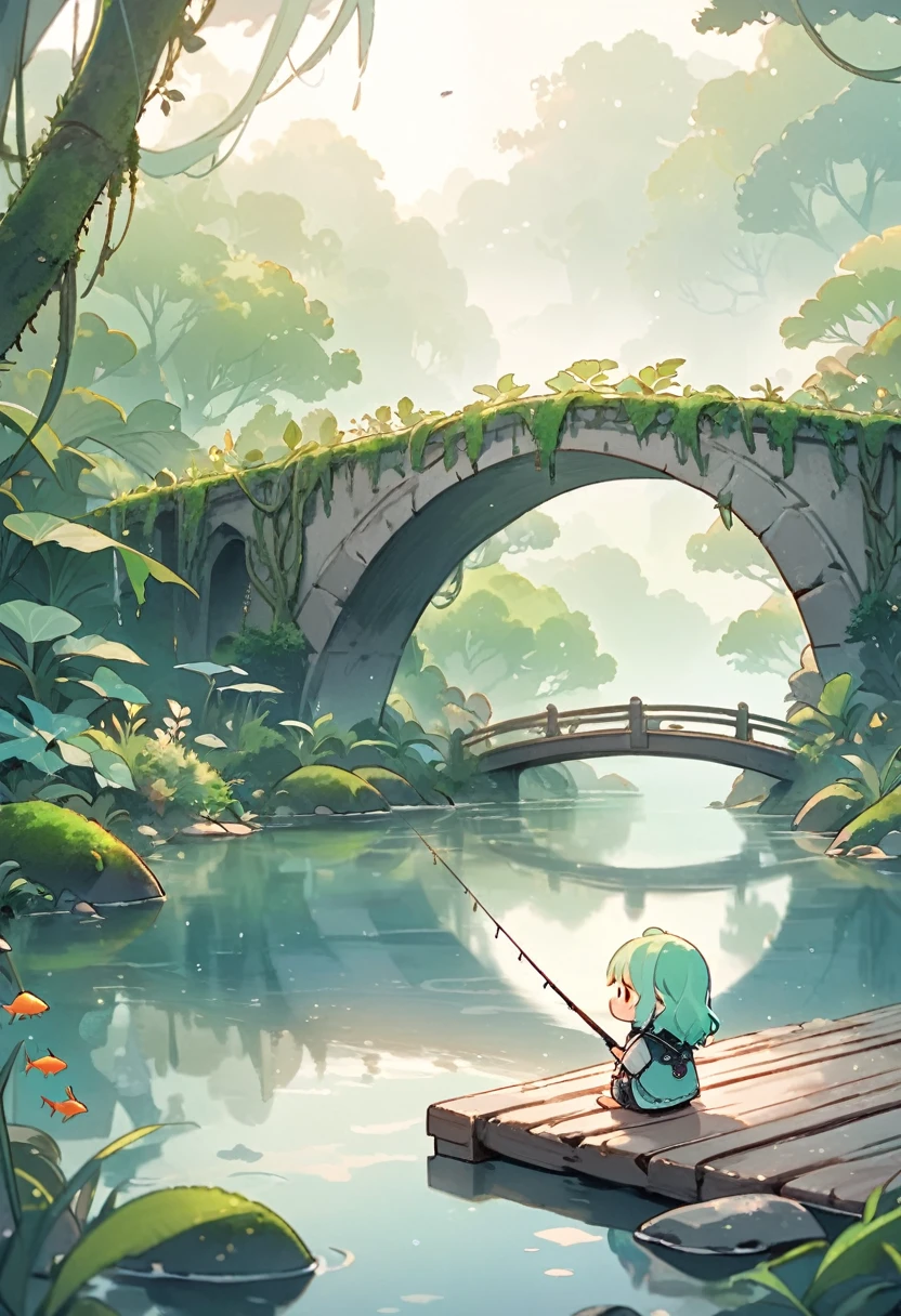 masterpiece, best quality, ultra-detailed, pastel tones, 
theme color green,chibi, masterpiece, best quality, 8k, highres, ultra-detailed, chibi, 1girl,girl close up, back view, long hair, pastel hair color, holding fishing rod, enjoying fishing,indian style, sitting, ancient bridge, moss covered, overgrown vines, sitting on bridge, dense fog, soft light, tranquil atmosphere, muted colors, serene landscape, ethereal ambiance, weathered materials, diffuse lighting, mystical environment, lake, fish poking head out of water, playful, cute, foggy effect covering the scene