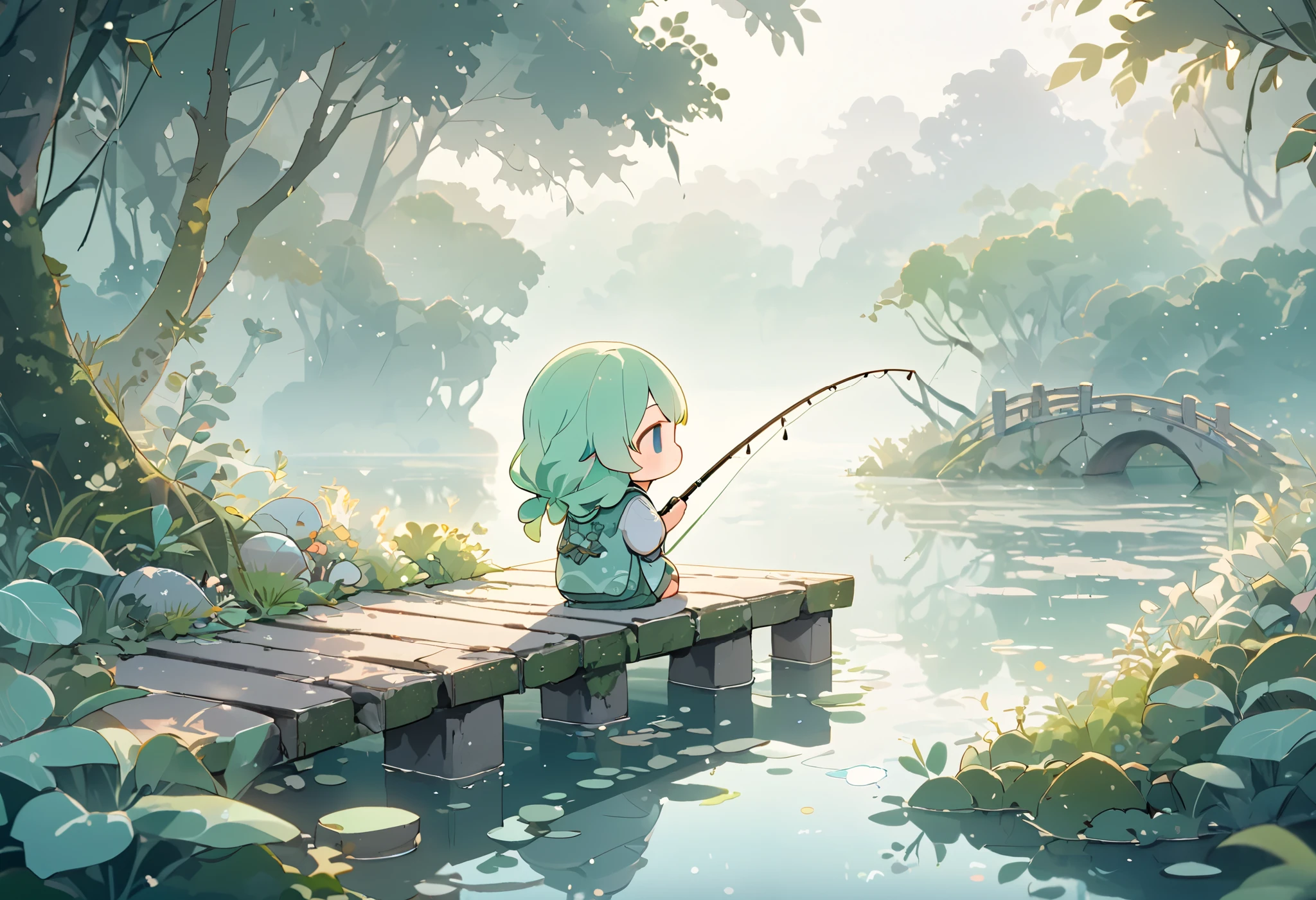 masterpiece, best quality, ultra-detailed, pastel tones, 
theme color green, long shot,chibi, masterpiece, best quality, 8k, highres, ultra-detailed, chibi, 1girl, back view, long hair, pastel hair color, holding fishing rod, enjoying fishing,indian style, sitting, ancient bridge, moss covered, overgrown vines, sitting on bridge, dense fog, soft light, tranquil atmosphere, muted colors, serene landscape, ethereal ambiance, weathered materials, diffuse lighting, mystical environment, lake, fish poking head out of water, playful, cute, foggy effect covering the scene