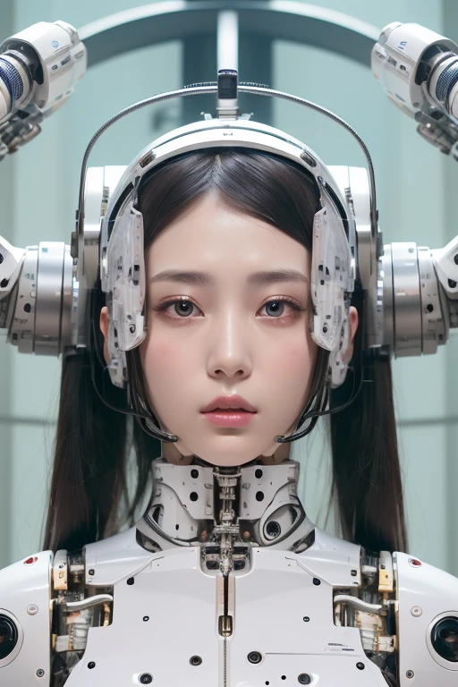 masterpiece, best quality, extremely detailed,portrait,upper body,front view,Japaese android girl,Plump, control panels,android,Droid,Mechanical Hand, Robot arms and legs,Blunt bangs,long tube,thick cable connected her neck,