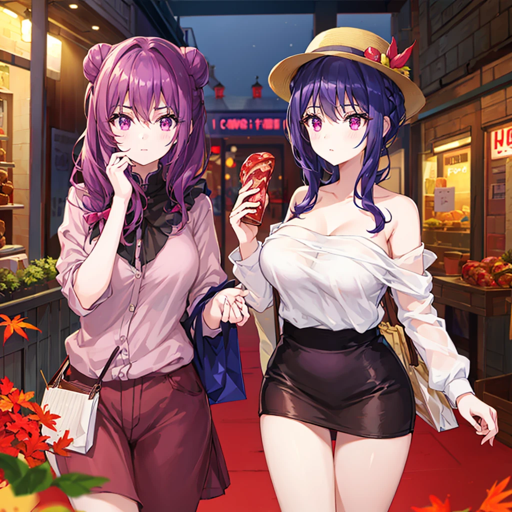 A beautiful girl with dark purple hair, her cheeks red, holding out a meat bun cut in half with her right hand, wearing autumn clothes, hat, shopping street,