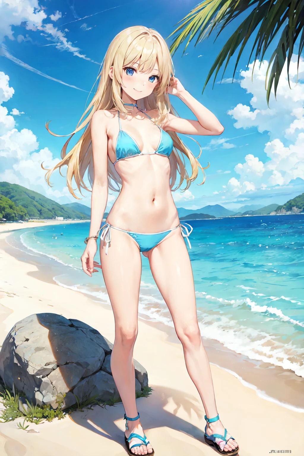 girl，（masterpiece，Highest quality），Street，(Brown Skin)，(Completely naked)，Bare shoulders、hat、Gal，Brown eyes、Blonde、smile、passionate、hat、Swimwear，long hair、(Underboob)，Big Breasts，Cleavage，Micro Camisole、looking at the camera、shoeicro Mini Denim Shorts，solo、Are standing、barefoot，Swimwear