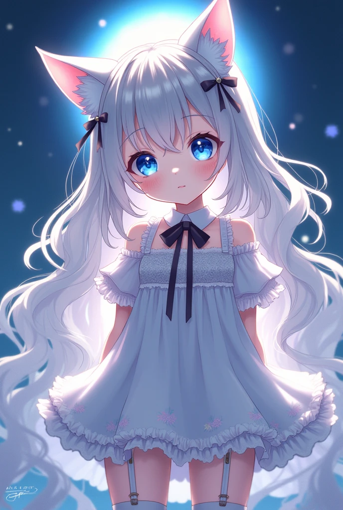 anime girl with blue eyes and white hair in a white dress, nyaruko-san, White Cat Girl, Kantai collection style, cute anime catgirl, at pixiv, Pisif, negao, trending on artstation pixiv, Pisif style, anime catgirl, Highest rated on Pisif, nekomimi, azur lane style