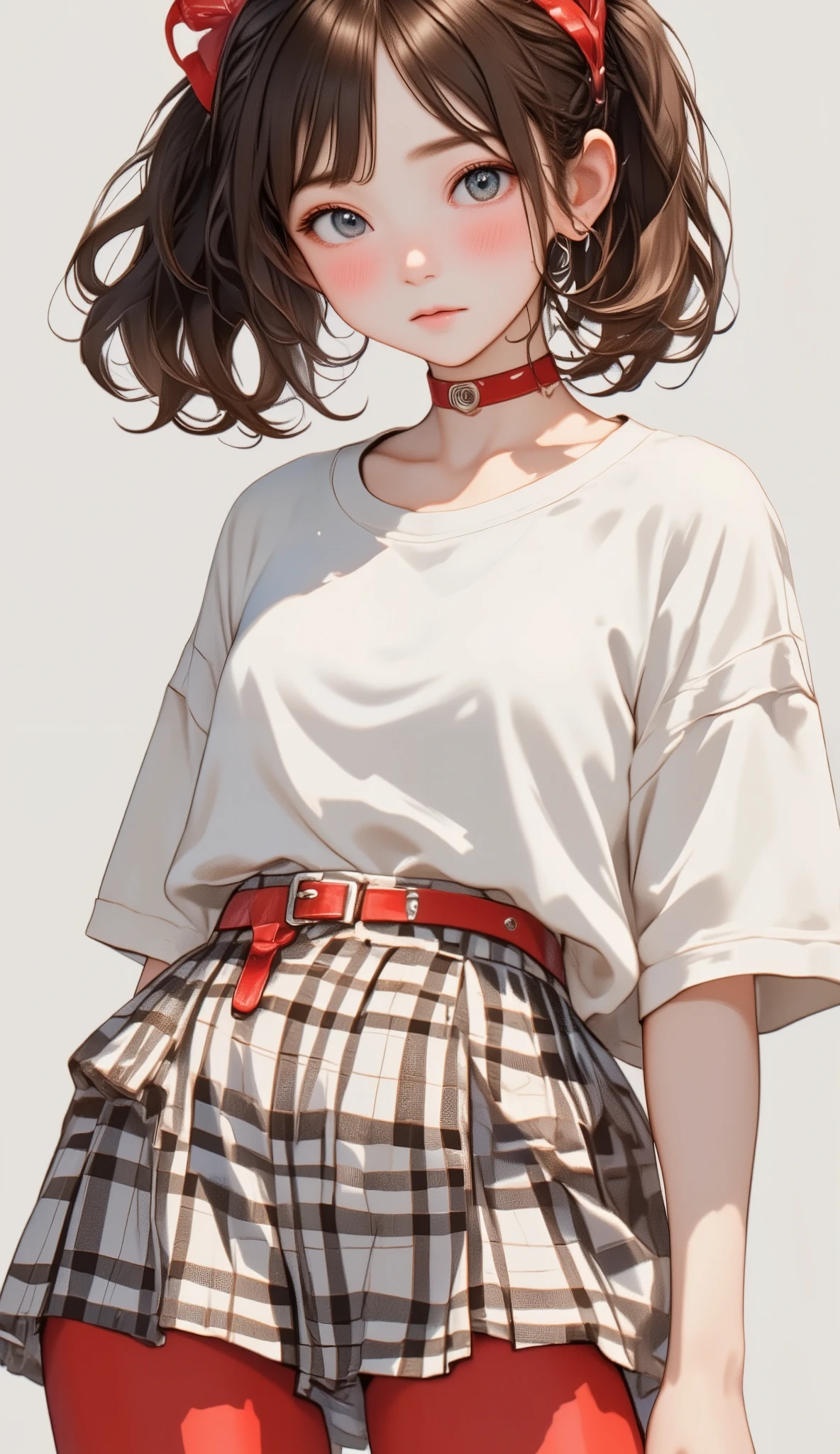   High image quality  、masterpiece、Realistic、  perfect anatomy,  Teenage Girls  ，cute女の子、超cute、Where's the hair   、Very short，、zoom、cute、 gray eyes、、   twin tails、Glasses、   white t-shirt、(     gingham check culotte skirt:1.37)， red stockings、  red garter belt、belly button，blank，  Black Light 