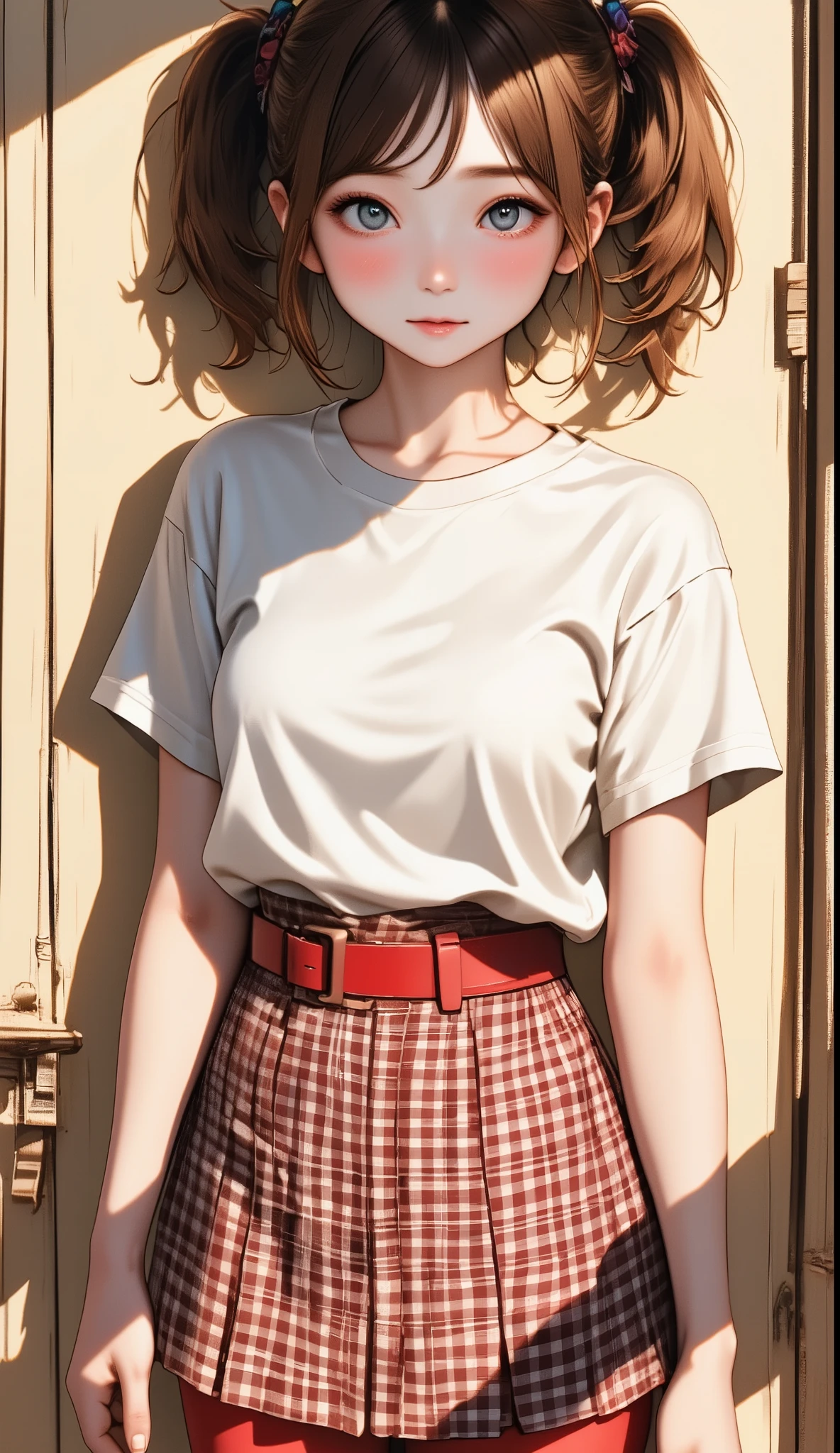   High image quality  、masterpiece、Realistic、  perfect anatomy,  Teenage Girls  ，cute女の子、超cute、Where's the hair   、Very short，、zoom、cute、 gray eyes、、   twin tails、Glasses、   white t-shirt、(     gingham check culotte skirt:1.37)， red stockings、  red garter belt、belly button，blank，  Black Light 