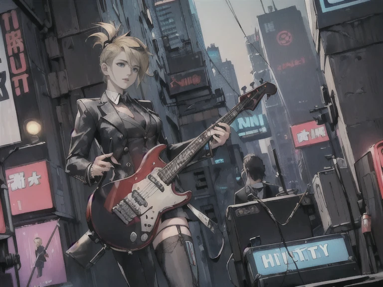 ((Top quality, 4k, 8k, high resolution, masterpiece:1.2, super detailed, correct anatomy)), ((Female: Mature woman, black eyes, blonde hair, clothing: grey suit, mini skirt, garter stockings, playing electric guitar)), (((Male: Businessman, hairstyle: Mohawk, clothing: suit on top, pants on bottom, playing drums)), (((2 members, helping with playing)),)), android, robot, ((cyberpunk)), punk, guitar, drums, ((cybercity)), (((active and active character)))