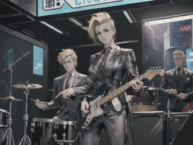 ((Top quality, 4k, 8k, high resolution, masterpiece:1.2, super detailed, correct anatomy)), ((Female: Mature woman, black eyes, blonde hair, clothing: grey suit, mini skirt, garter stockings, playing electric guitar)), (((Male: Businessman, hairstyle: Mohawk, clothing: suit on top, pants on bottom, playing drums)), (((2 members, helping with playing)),)), android, robot, ((cyberpunk)), punk, guitar, drums, ((cybercity)), (((active and active character)))