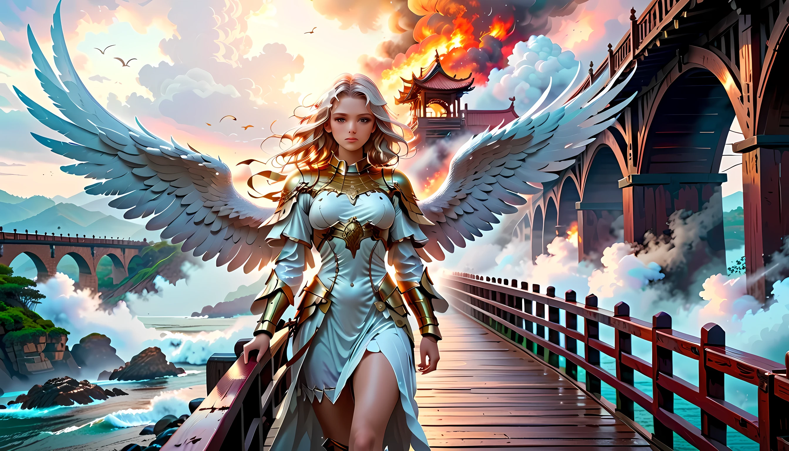 a picture ((a view from the side)), of wooden bridge between hell and heaven, from one side of the bridge inferno of hell and fire, from the other side of the bridge, celestial calm, heavenly clouds,  there is a river under the bridge, mist rising from the river, masking part of the bridge, a female angel stand guard,  best details, best quality, highres, 16k, (ultra detailed: 1.5), masterpiece, best quality, (extremely detailed) RAW, (ultra details, Masterpiece, best quality), 