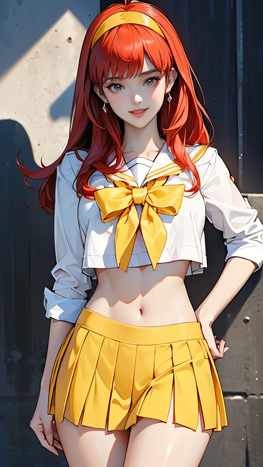 masterpiece, expensiveest quality, several people having fun with each other while having very detailed , Image of a perfect woman, Dramatic Shadows, ( Spotlight, perfect lighting, Detailed light, ((( 1 girl))), (( SHARP FACE )),, ((( sexy pose))), Red Hair、Yellow headband、 model body type , I can see your belly button , (( cute face)), (Smiling Kindly: 1.2), ( asymmetrical bangs, beautiful lashes), Facial beauty, ( Beautiful Bust Line :1.2), ( clevis), Beautiful Girl , beautiful features depicting a perfect face, cold, Natural beauty, is sweating, Slender body, Light and beautiful texpensive expression, expensive school girl, expensive , sailor suit, Pleated Skirts, loose socks,