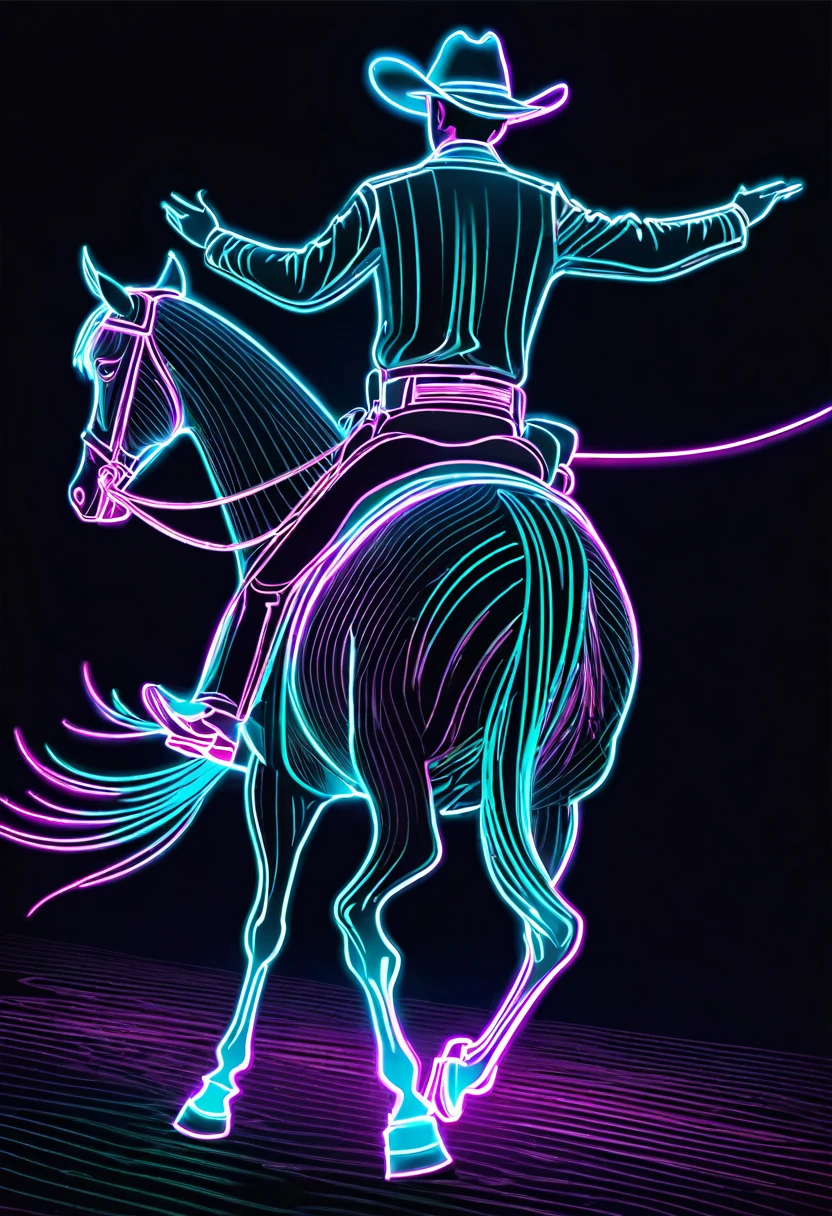 line art, iridescent neon light effect, western cowboy, 2.5D, delicate and dynamic, best quality