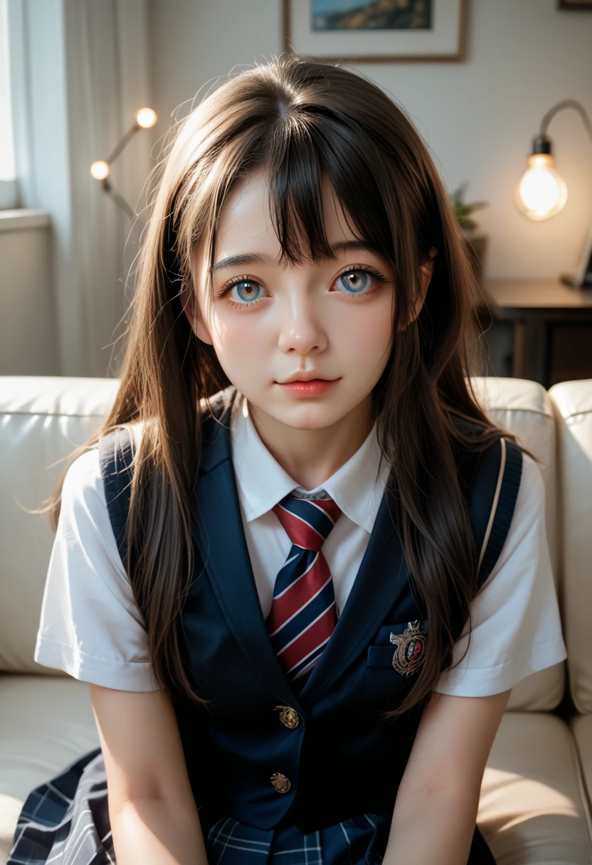 best quality, face focus, soft light, ultra high res, (photorealistic:1.4), RAW photo,
1japanese girl, solo, cute, (pupil, lights in the eyes),  detailed beautiful face, (small chest),(high resolution detail of human skin texture),
(long hair),
sit couch,
school uniform, charcoal vest, skirt,
(upper thigh)