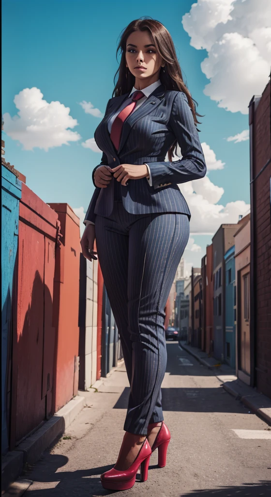 A sophisticated and stylish wowan in a grey pinstriped trouser suit, white shirt, and a large wide blue necktie with a really large windsor knot, with a beautiful, curvaceous figure, massive breasts, and long hair, with a curvaceous figure and massive breasts. wearing red rounded platform high heels with uncovered feet and standing, rampage-like pose, with a cityscape background of mega-city, urban sprawl, and small towns, partially obscured by a hazy, cloudy atmosphere. The image is a high-resolution, masterpiece-quality, cinematic, ultra-detailed, and hyper-photorealistic photograph, with perfect hands, face, and lighting. ultra-detailed, 8K, photo-realistic, hyper-realistic, masterpiece, intricate details, full body view. Looking at camera, The image is a high-resolution, masterpiece-quality, cinematic, ultra-detailed, and hyper-photorealistic photograph, with perfect hands, face, and lighting. ultra-detailed, 8K, photo-realistic, hyper-realistic, masterpiece, intricate details, full body view