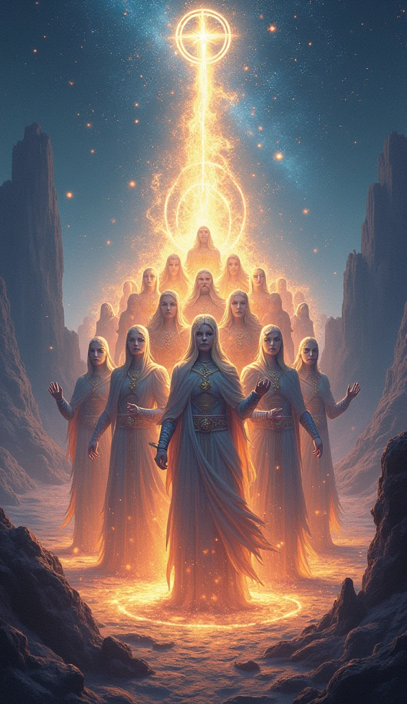 Un dessin représentant une légion de guerriers spirituels, chacun entouré d'une aura lumineuse et puissante symbolisant le Mana. Le fond pourrait inclure des paysages fantastiques, comme des forêts enchantées et des cieux étoilés, accentuant le mystère et la puissance de cette énergie.