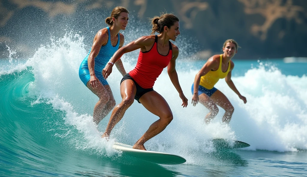 hyperrealistic full-color image. Olympic surf athletes