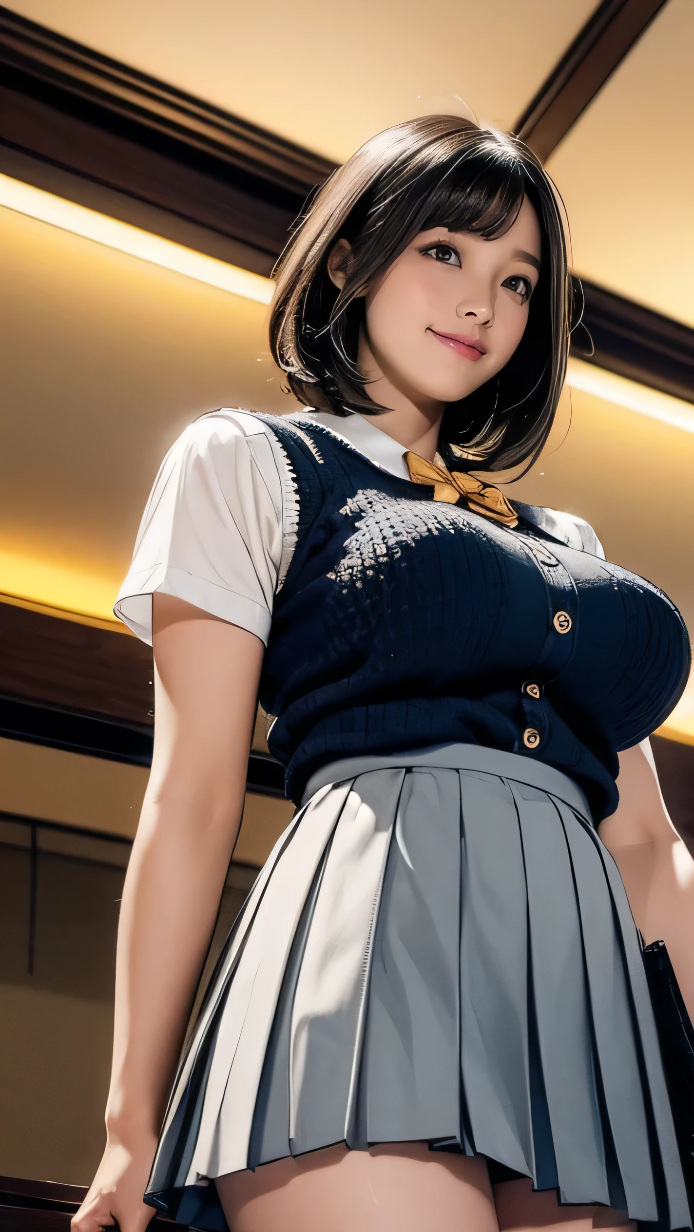 Emphasize the chest、breast enhancement、(Put your arms behind your head:1.4)、detailed slender legs、 (High school uniforms、Checked mini skirt:1.5), (High 、Clothed big tits、tuck shirt into skirt:1.4),15-year-old high school girl,Cute Japanese Girl,シャツを押し上げるHuge breasts、(Bursting Busty:1.3), (Highly detailed beautiful face),Great face and eyes, (Best Quality:1.4), Beautiful feet(Super detailed),Thighs、Big Ass、Huge breasts,((Mastepiece, Best Quality, High resolution, Ticker, Perfect Pixel, Depth of written boundary, 4K, Ticker, Ticker)),1 Girl, One-off, Solo, Beautiful Anime Girl, Beautiful art style, Anime character, (Medium Hair、Hair between the eyes)), (Large round eyes, Beautiful eyelashes, Realistic eyes:1.2), (Smooth texture:0.75, Realistic texture:0.65, It's photorealistic:1.2, Anime CG Style), (Movement angle, Dynamic Pose:1.4), Perfect Body,Very large ,Breast bag、Wrinkles on shirt、