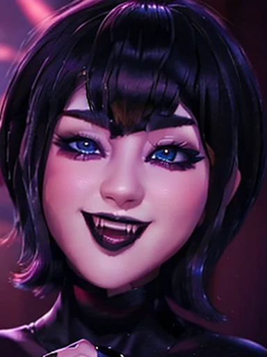 1girl, purple hair, red eyes, 2 black horns, black bikini, ultra detail, white skin, big boob, short hair, round eyes, smile, natural skin