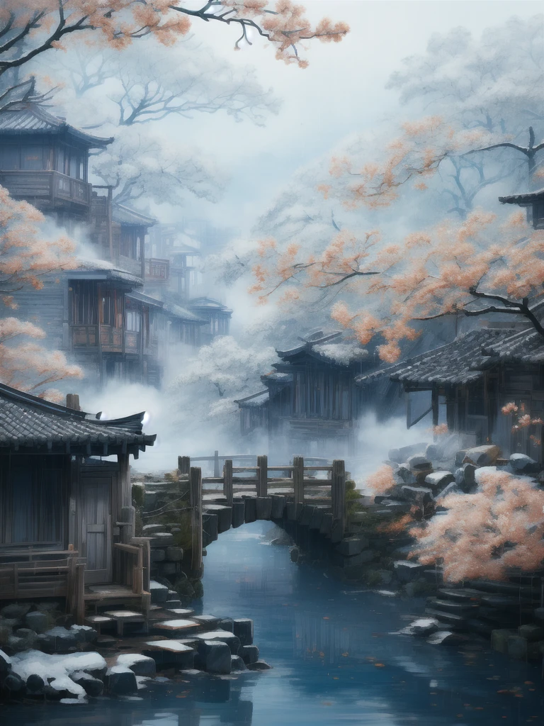 Niseko Town Village  「Ancient bridge in thick fog」更加濃厚 濃濃朦胧的雾气 廣角 古村落雪村美景 中式雪村風景 Niseko Town Village  古樹 「Ancient bridge in thick fog」  Old town village drawing an ancient wooden arch Exquisite artistic details of the view of the bridge in the hazy haze, the best quality，  Extremely complex exquisite detail The overall scene shows a strong creative and deep textural effect with hazy haze , creates an ethereal 、 The feeling of serenity creates a sense of serenity 、A work of fine art 