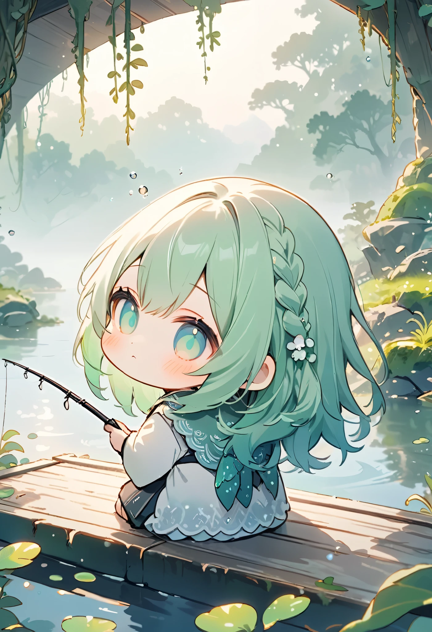 masterpiece, best quality, ultra-detailed, pastel tones, 
theme color green,chibi, masterpiece, best quality, 8k, highres, ultra-detailed, chibi, 1girl,girl close up, back view, long hair, pastel hair color, holding fishing rod, enjoying fishing,indian style, sitting, ancient bridge, moss covered, overgrown vines, sitting on bridge, dense fog, soft light, tranquil atmosphere, muted colors, serene landscape, ethereal ambiance, weathered materials, diffuse lighting, mystical environment, lake, fish poking head out of water, playful, cute, foggy effect covering the scene