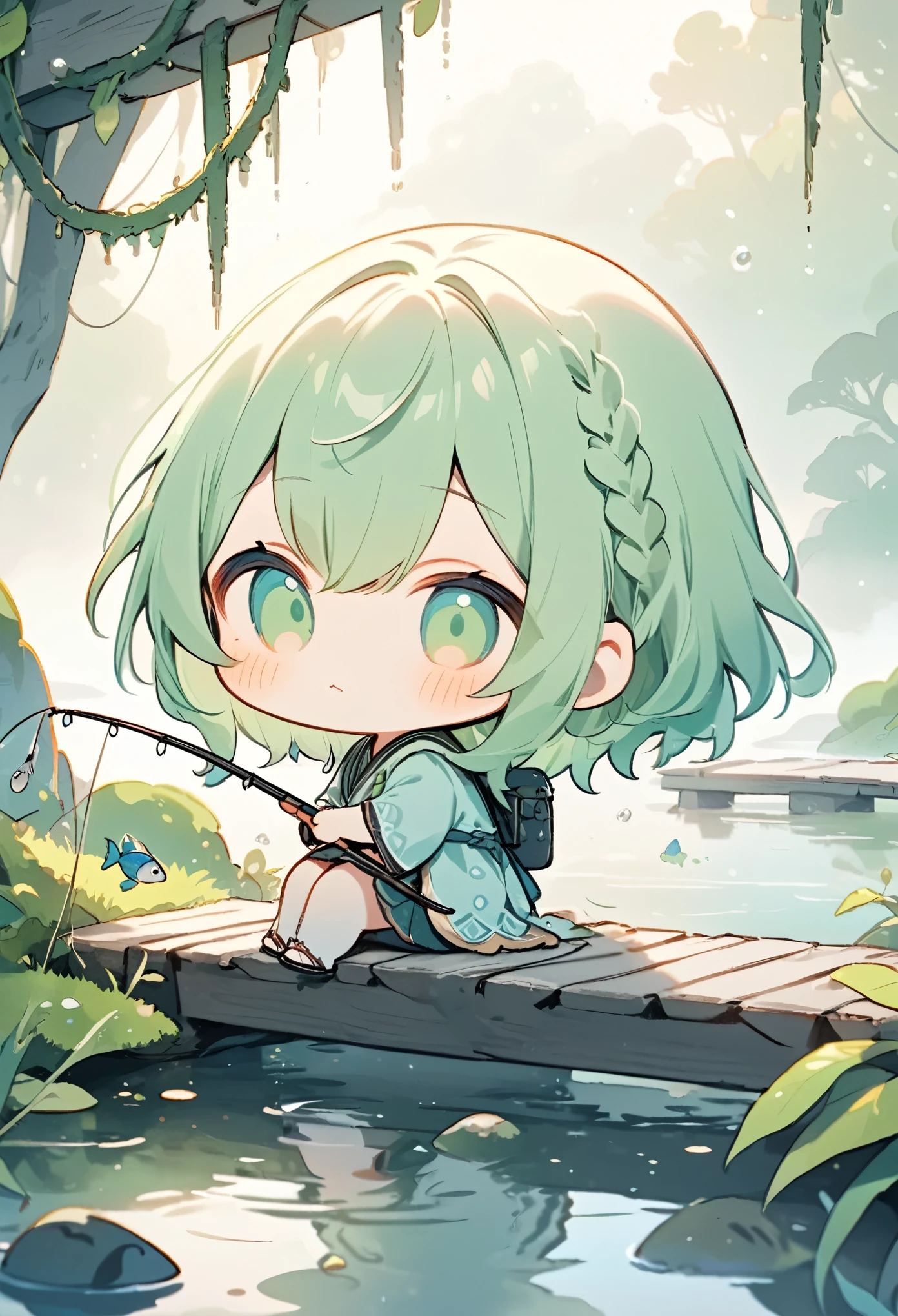 masterpiece, best quality, ultra-detailed, pastel tones, 
theme color green,chibi, masterpiece, best quality, 8k, highres, ultra-detailed, chibi, 1girl,girl close up, back view, long hair, pastel hair color, holding fishing rod, enjoying fishing,indian style, sitting, ancient bridge, moss covered, overgrown vines, sitting on bridge, dense fog, soft light, tranquil atmosphere, muted colors, serene landscape, ethereal ambiance, weathered materials, diffuse lighting, mystical environment, lake, fish poking head out of water, playful, cute, foggy effect covering the scene