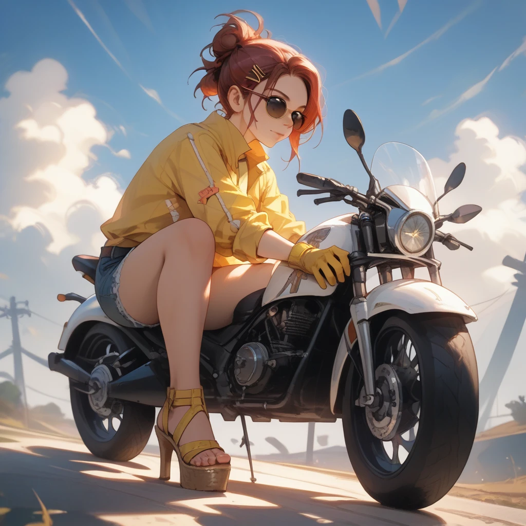 - A young woman sitting on a modern, sporty motorcycle with an aggressive and realistic mechanical design. - The motorcycle is predominantly black and yellow, featuring a detailed metallic tube-shaped exhaust and a license plate that reads "EL ELECTRIC". - The young woman has purple hair styled in a bun, with decorative pins or clips. - She is wearing a torn yellow top that exposes her shoulders and short denim shorts. - She wears yellow gloves and high-heeled sandals in shades of red and white, with a stylish and dynamic look. - The background features an outdoor highway with metallic guardrails under a clear sky with scattered clouds. - The composition includes realistic details of light and shadow, with soft lighting and saturated colors, maintaining a balance between warm and cool tones. - Dynamic framing with a perspective focused on the motorcycle's rear, emphasizing the curves of the vehicle and the woman’s design. - Visual style with smooth, stylized lines, typical of digital illustration with anime influence. - High resolution, preserving rich textures and sharp details.