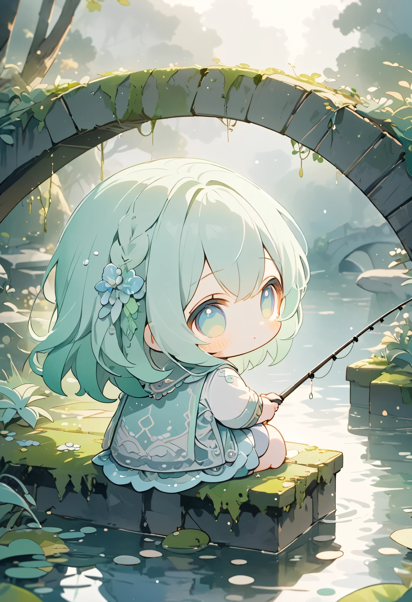 masterpiece, best quality, ultra-detailed, pastel tones, 
theme color green,chibi, masterpiece, best quality, 8k, highres, ultra-detailed, chibi, 1girl,girl close up, back view, long hair, pastel hair color, holding fishing rod, enjoying fishing,indian style sitting, ancient bridge, moss covered, overgrown vines, sitting on bridge, dense fog, soft light, tranquil atmosphere, muted colors, serene landscape, ethereal ambiance, weathered materials, diffuse lighting, mystical environment, lake, fish poking head out of water, playful, cute, foggy effect covering the scene