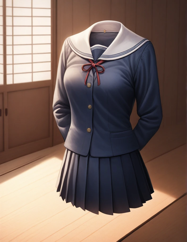 A detailed and realistic depiction of a tight-fitting Japanese school uniform with a sailor-style collar, navy blue jacket, and pleated skirt. The outfit is floating in a cozy, warm-lit living room, surrounded by traditional Japanese decor, with wooden flooring and bookshelves in the background.