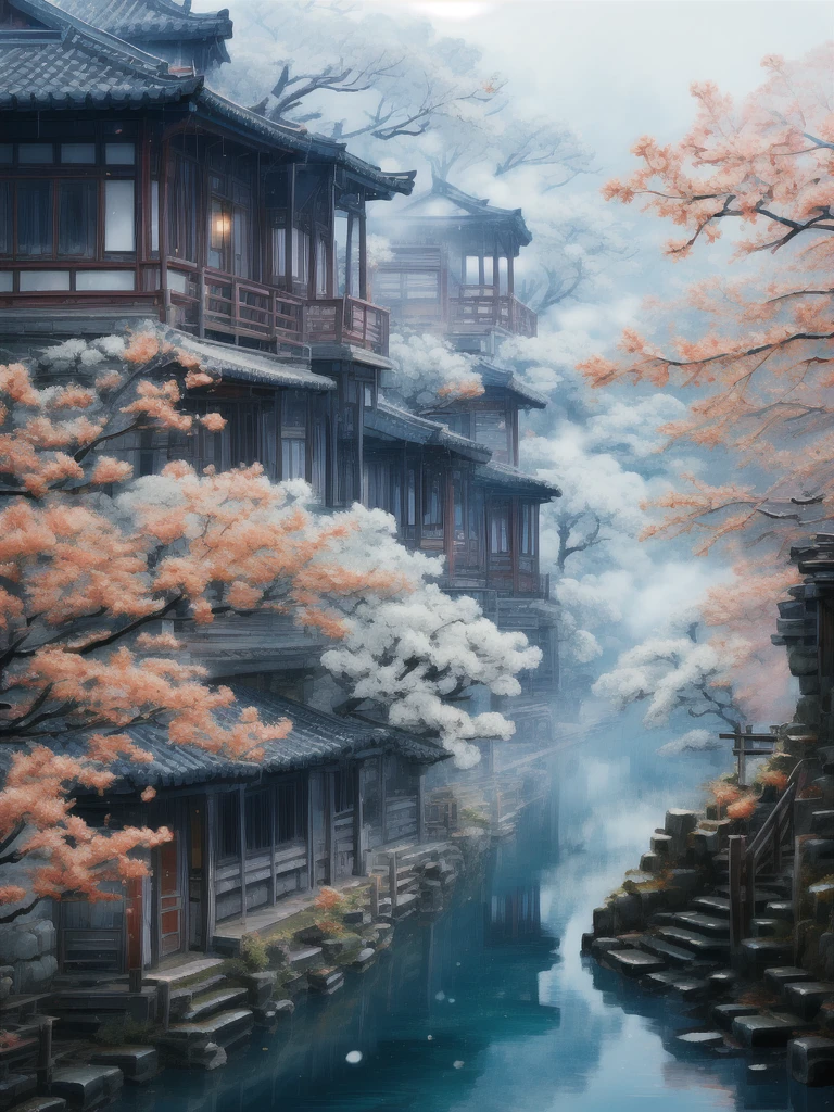 Niseko Town Village  「Ancient bridge in thick fog」更加濃厚 濃濃朦胧的雾气 廣角 古村落雪村美景 中式雪村風景 Niseko Town Village  古樹 「Ancient bridge in thick fog」  Old town village drawing an ancient wooden arch Exquisite artistic details of the view of the bridge in the hazy haze, the best quality，  Extremely complex exquisite detail The overall scene shows a strong creative and deep textural effect with hazy haze , creates an ethereal 、 The feeling of serenity creates a sense of serenity 、A work of fine art 