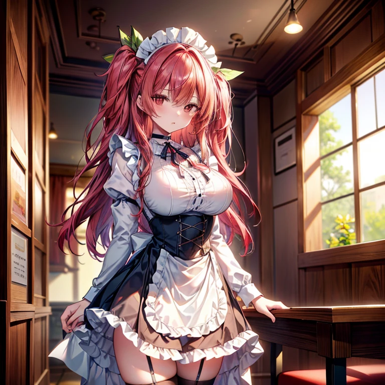 (( best quality)), ((masterpiece)), (  Details),( ultra high resolution)、 STELLA VERMILION、
 hair between eyes、 hair intake、 hair bow、 long hair、（Red Eye：1.5）、 red hair、 two side up、 yellow ribbon、 black choker 、 red hair、 super huge tits、Father&#39;s bag、
 perfect face、超 Detailsな肌、(Perfect Fingers、Perfect hands)、 perfect body、
((French maid outfit、 Headdress)))、
whole body、 standing、( cowboy shot 1 · 3)、
 coffee shop、 professional lighting、８k、